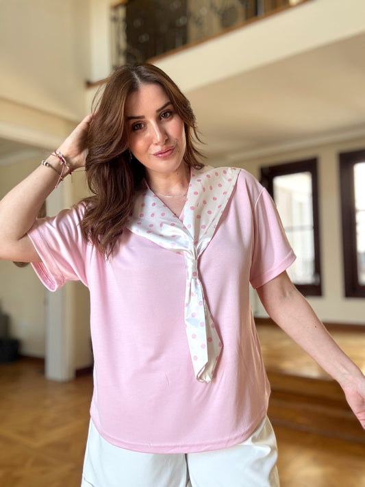 Puantiye detaylı modal kumaş tişört PEMBE