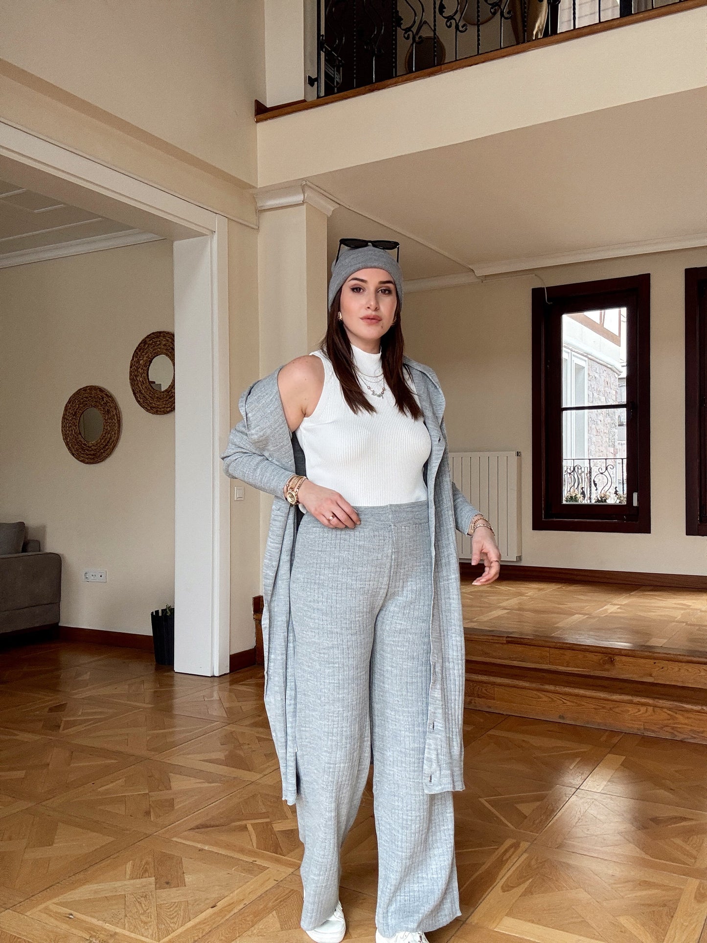 Düğmeli kapüşonlu pantolonlu takım-GRİ