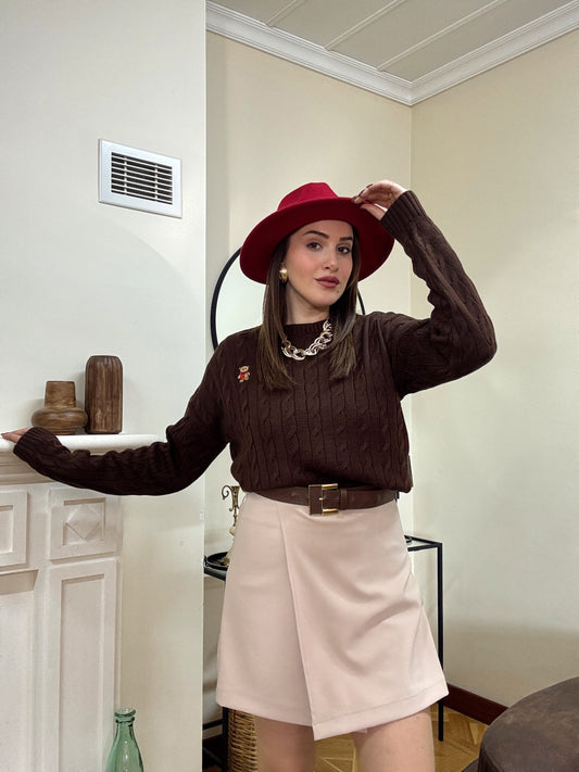 Saç örgü küçük ayıcık işlemeli kazak-KAHVERENGİ