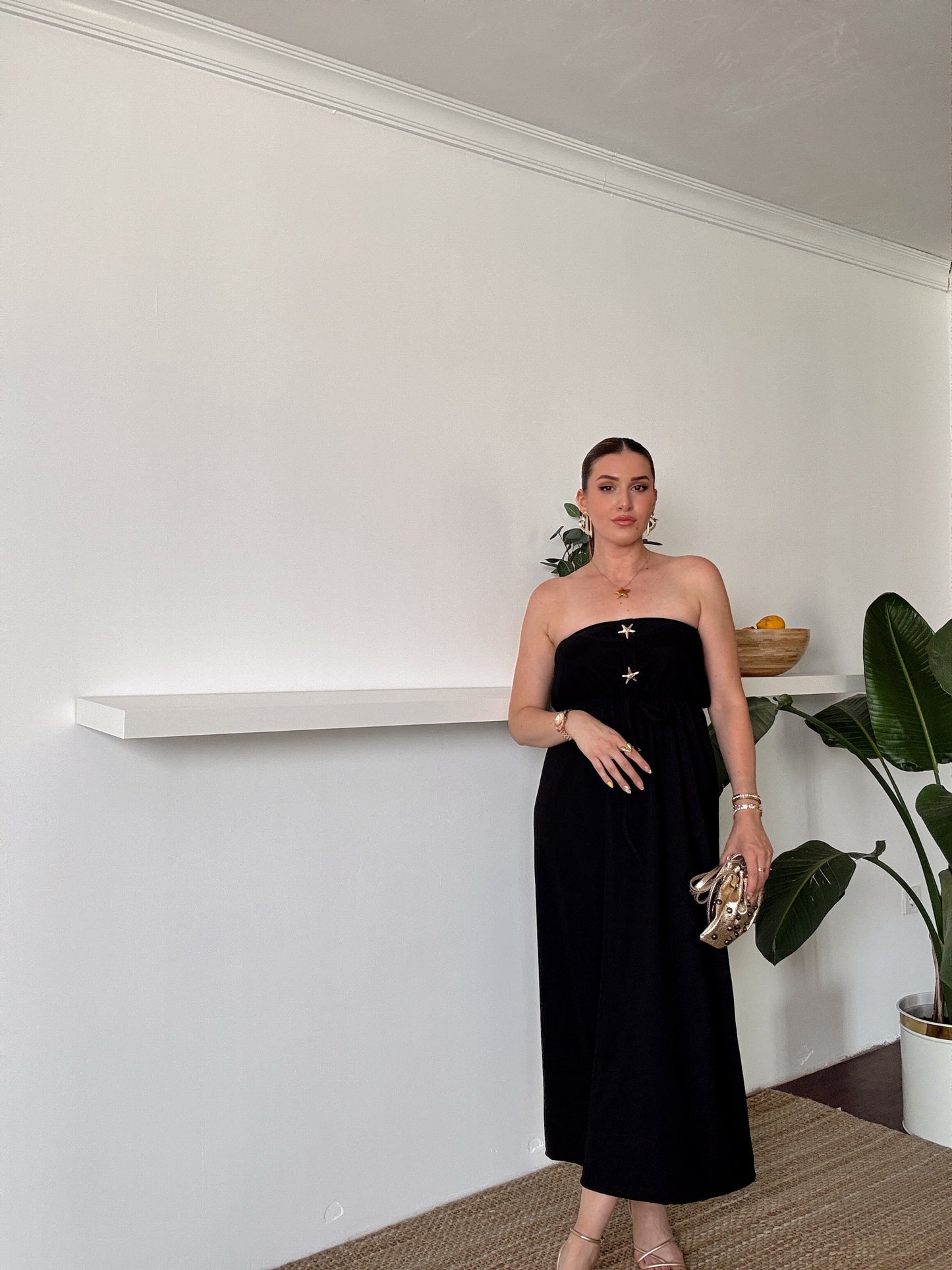 Straplez gold düğme detaylı fitilli elbise SİYAH