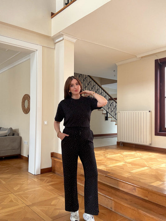 Taşlı kısa kollu ikili takım Siyah