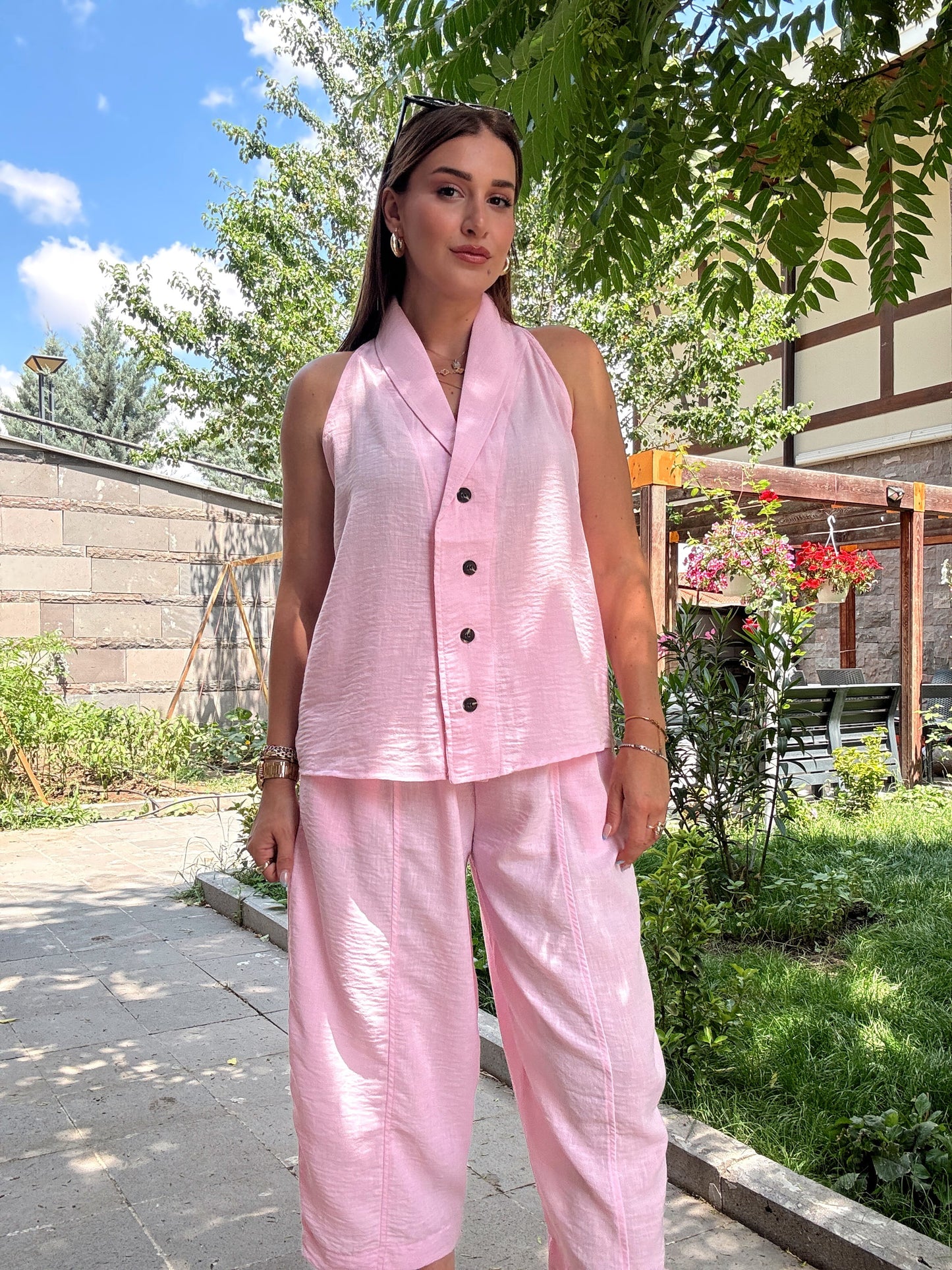 Keten düğmeli sıfır kol takım PEMBE