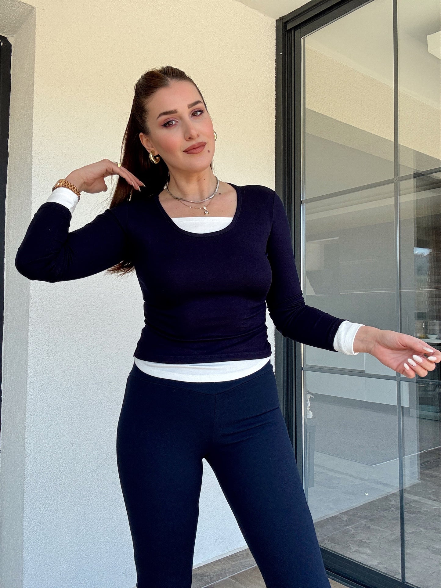 Buzi havuz yaka garnili bluz LACİVERT