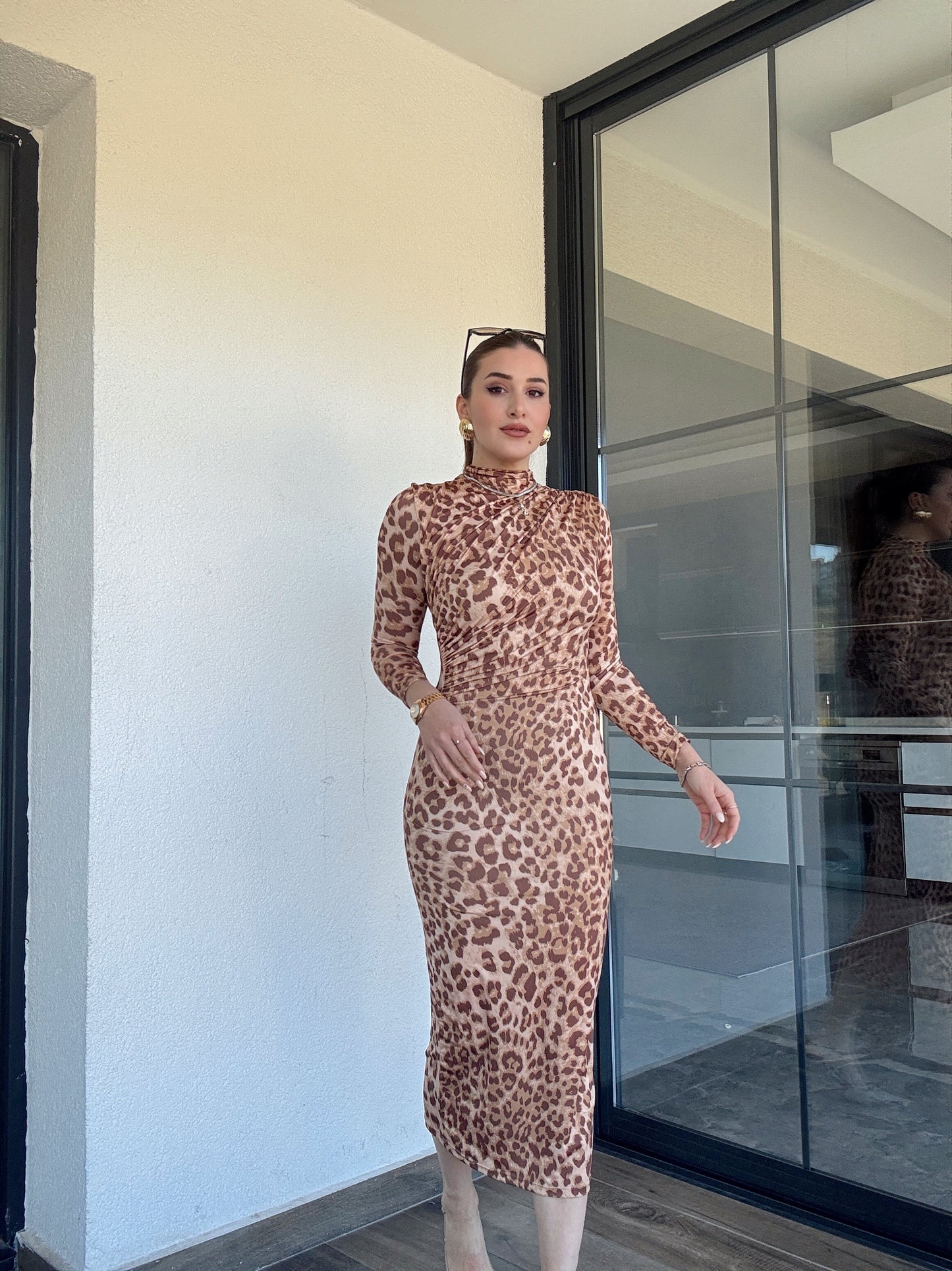 Sandy kumaş drape detaylı leopar elbise-CAMEL