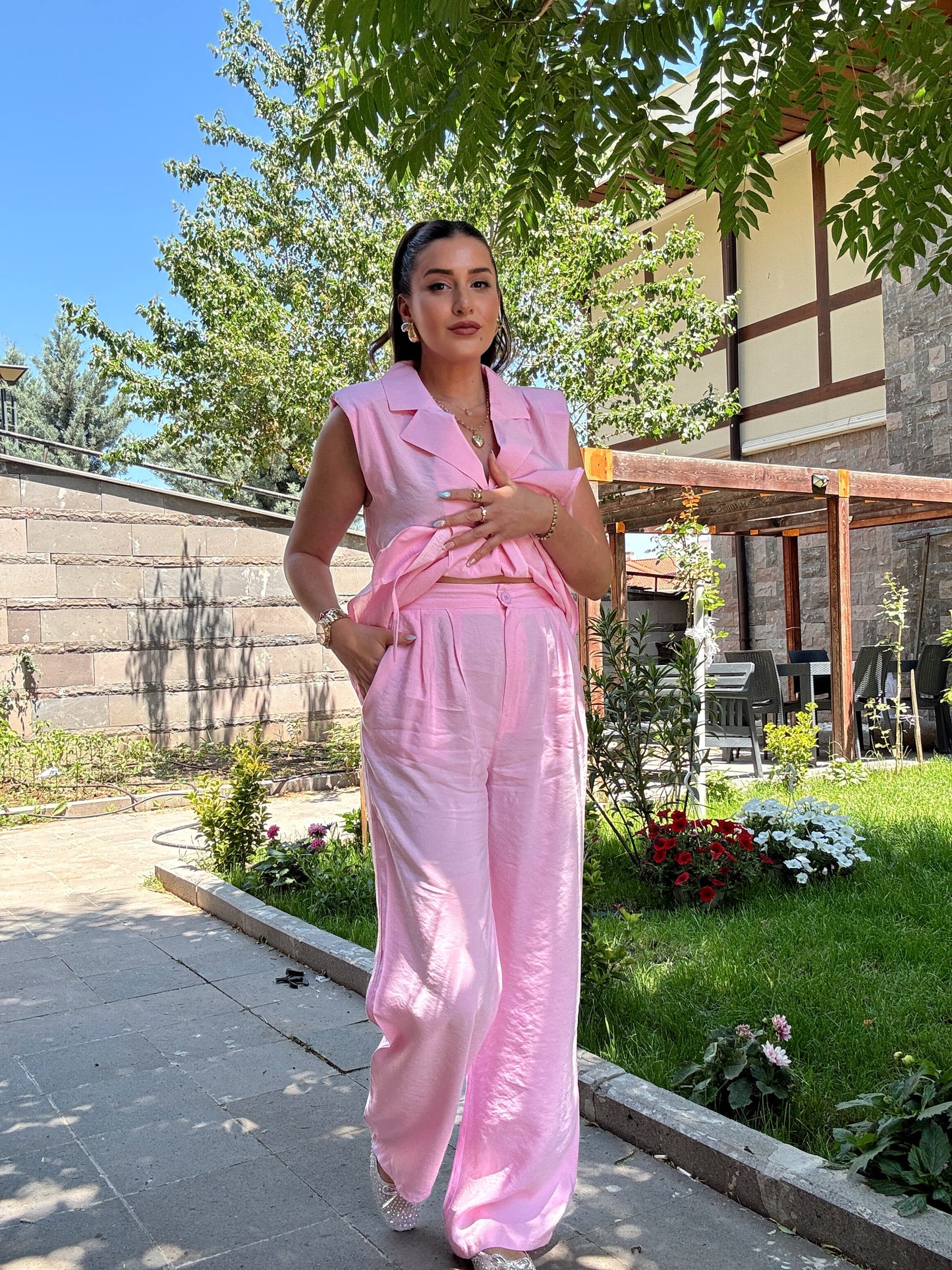 BRUCE tensel kumaş kemerli takım PEMBE