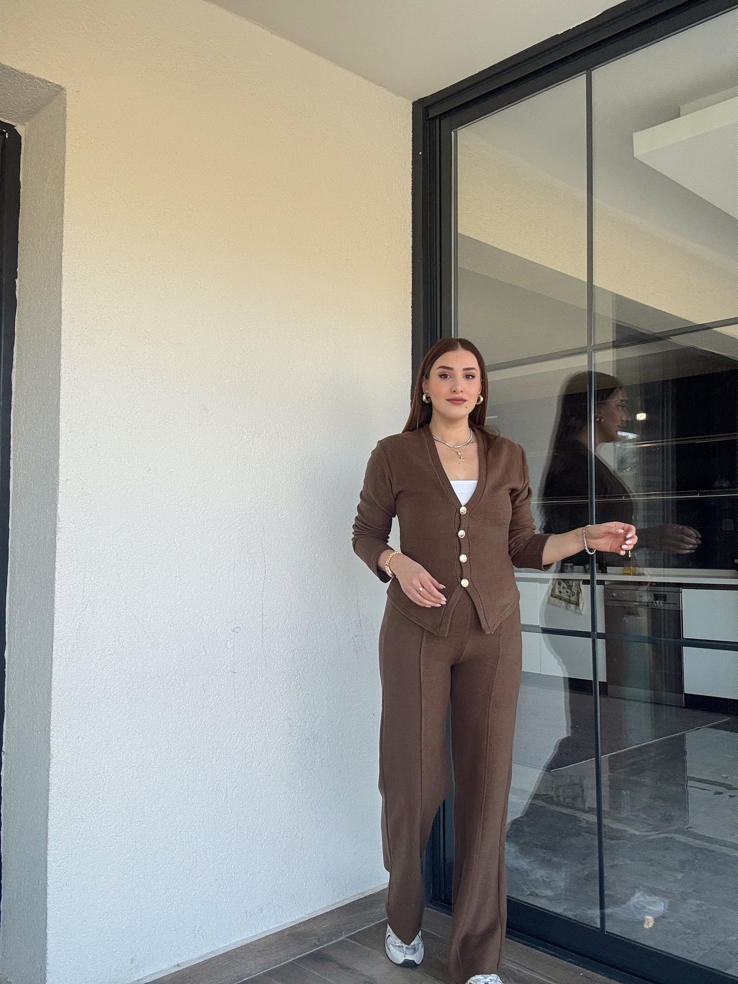 Selanik önü düğmeli ceket çimalı pantolon takım-KAHVERENGİ