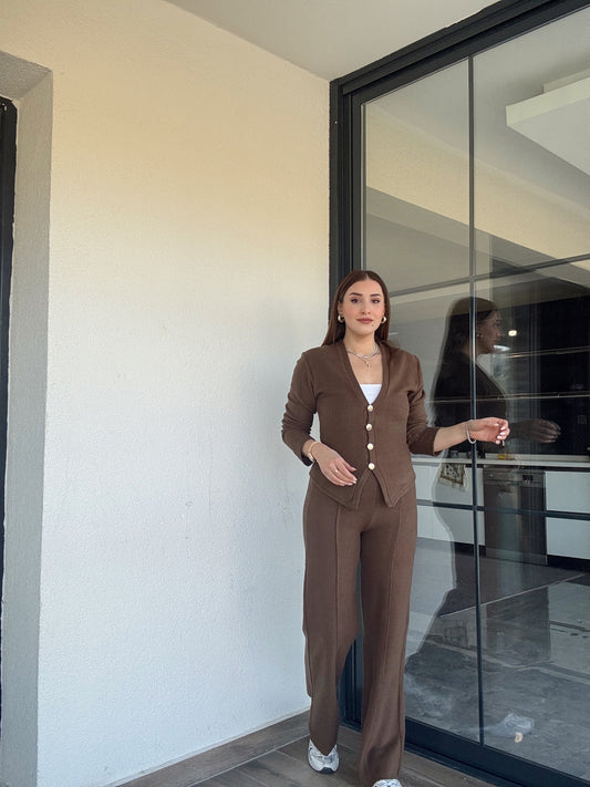 Selanik önü düğmeli ceket çimalı pantolon takım-KAHVERENGİ
