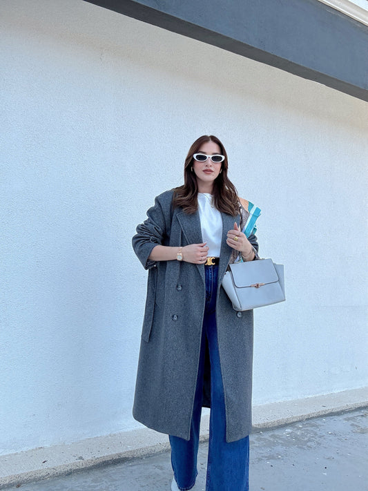 Kolu Apoletli Kaşe Kaban Gri