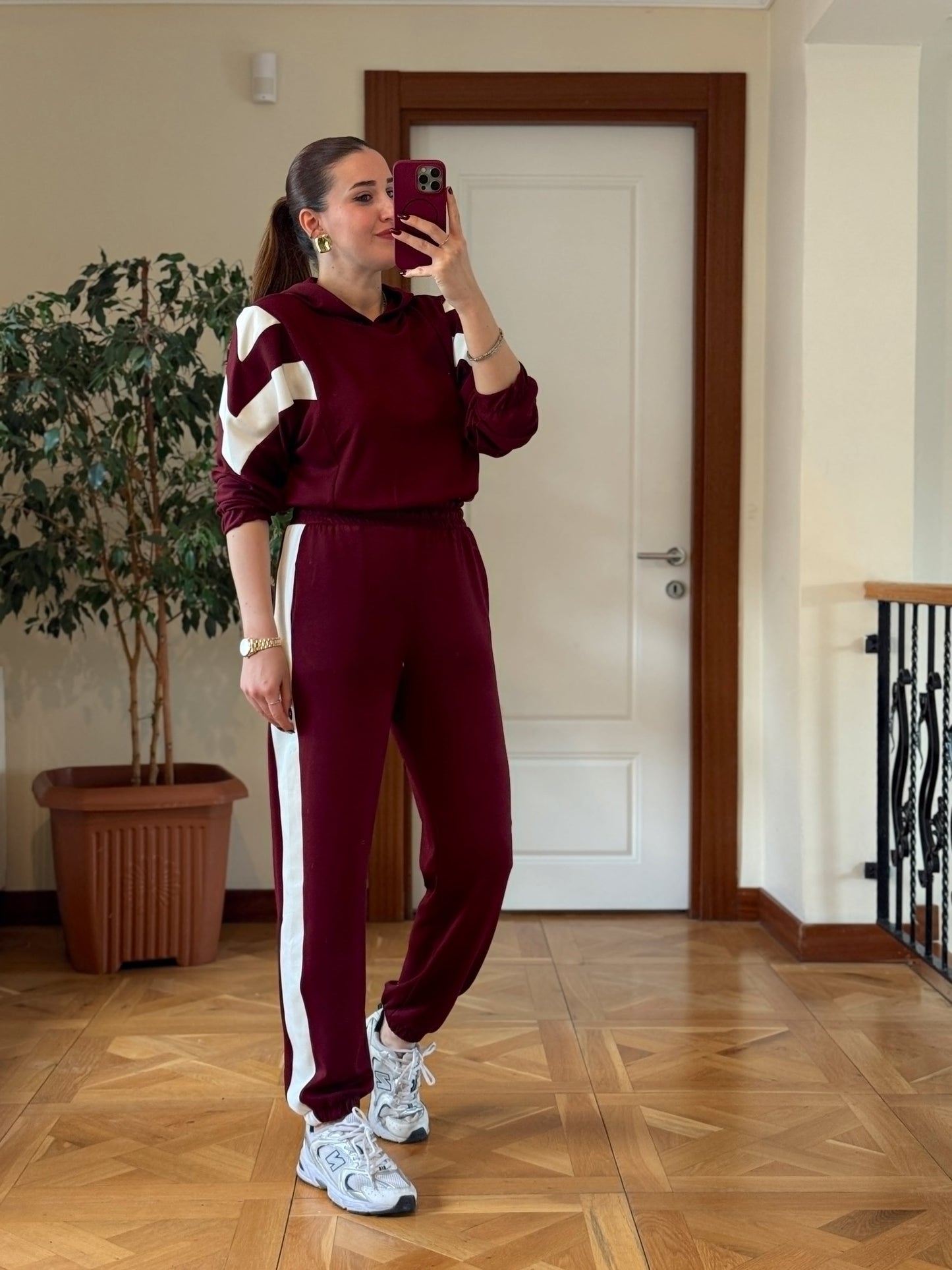 Modal Kapüşonlu Paça Lastikli Takım Bordo