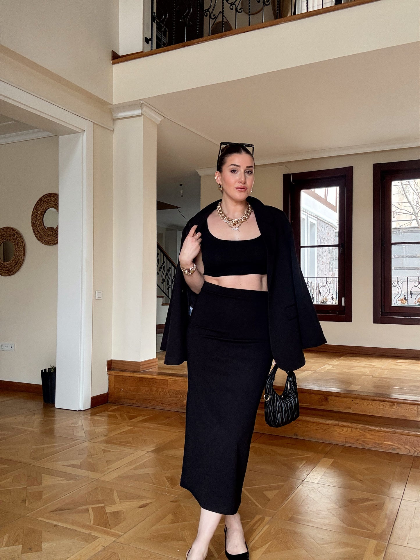 Dalgıç kumaş kalem Etek-SİYAH