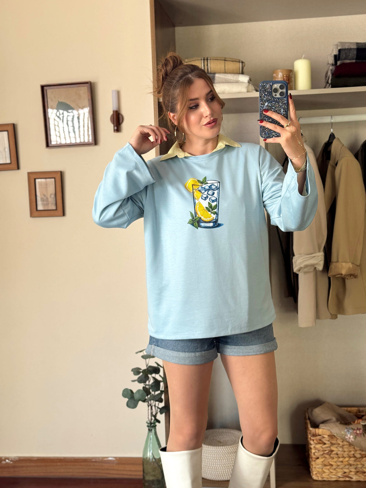 Limon buzlu bardak baskılı oversize modal sweat Mavi