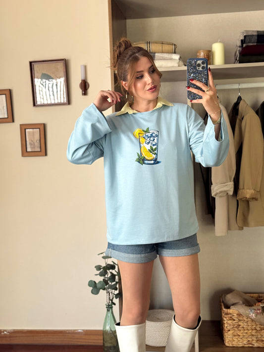 Limon buzlu bardak baskılı oversize modal sweat Mavi