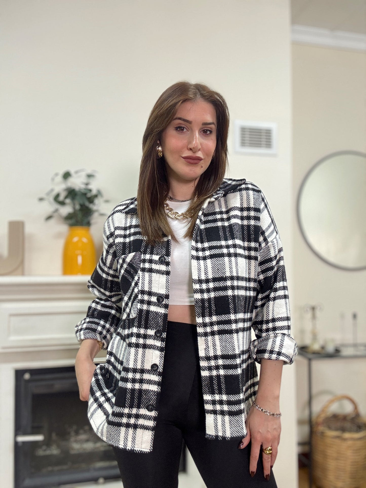 Ekose desen tek cepli gömlek SİYAH-BEYAZ