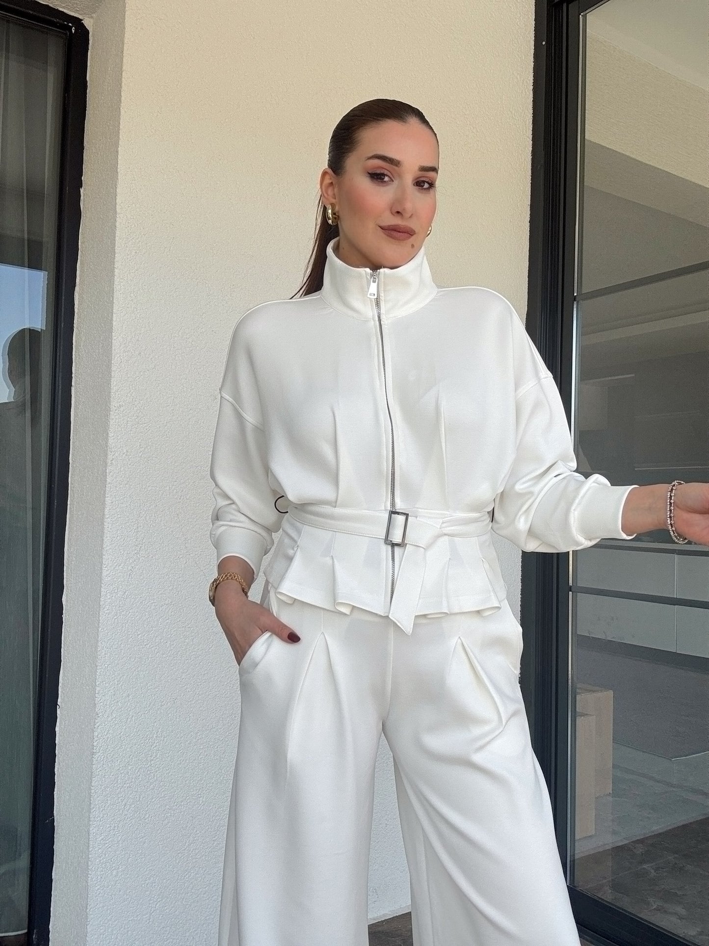 Modal kumaş dik yaka etek pileli ceket pantolon takım-BEYAZ