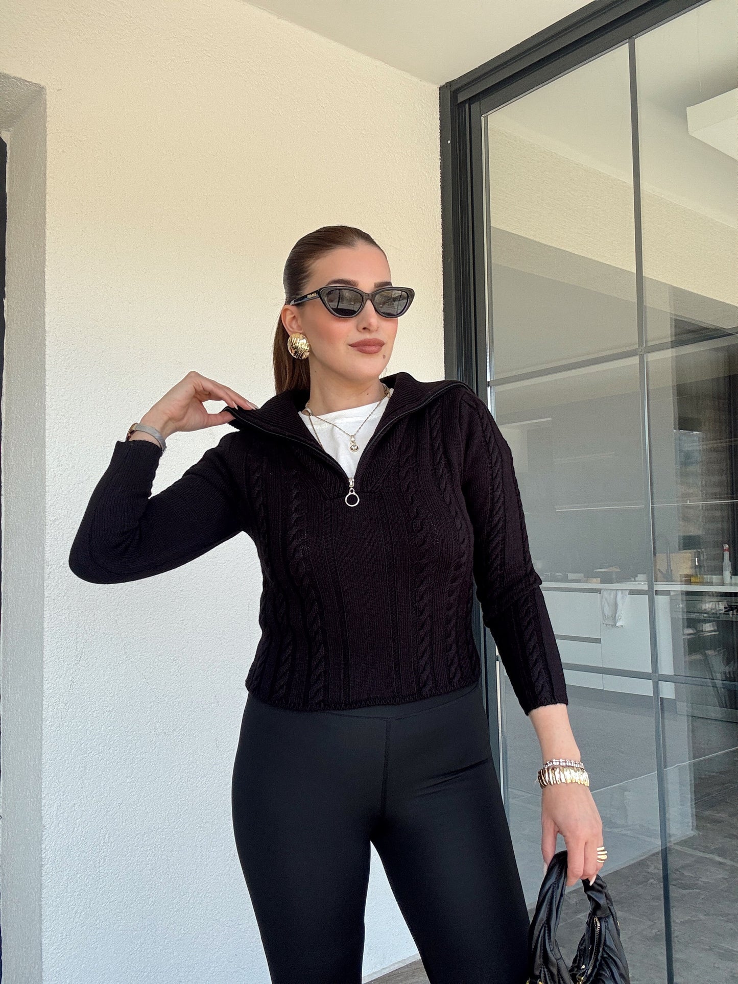 Saç Örgü Fermuarlı Spor Bluz - Siyah