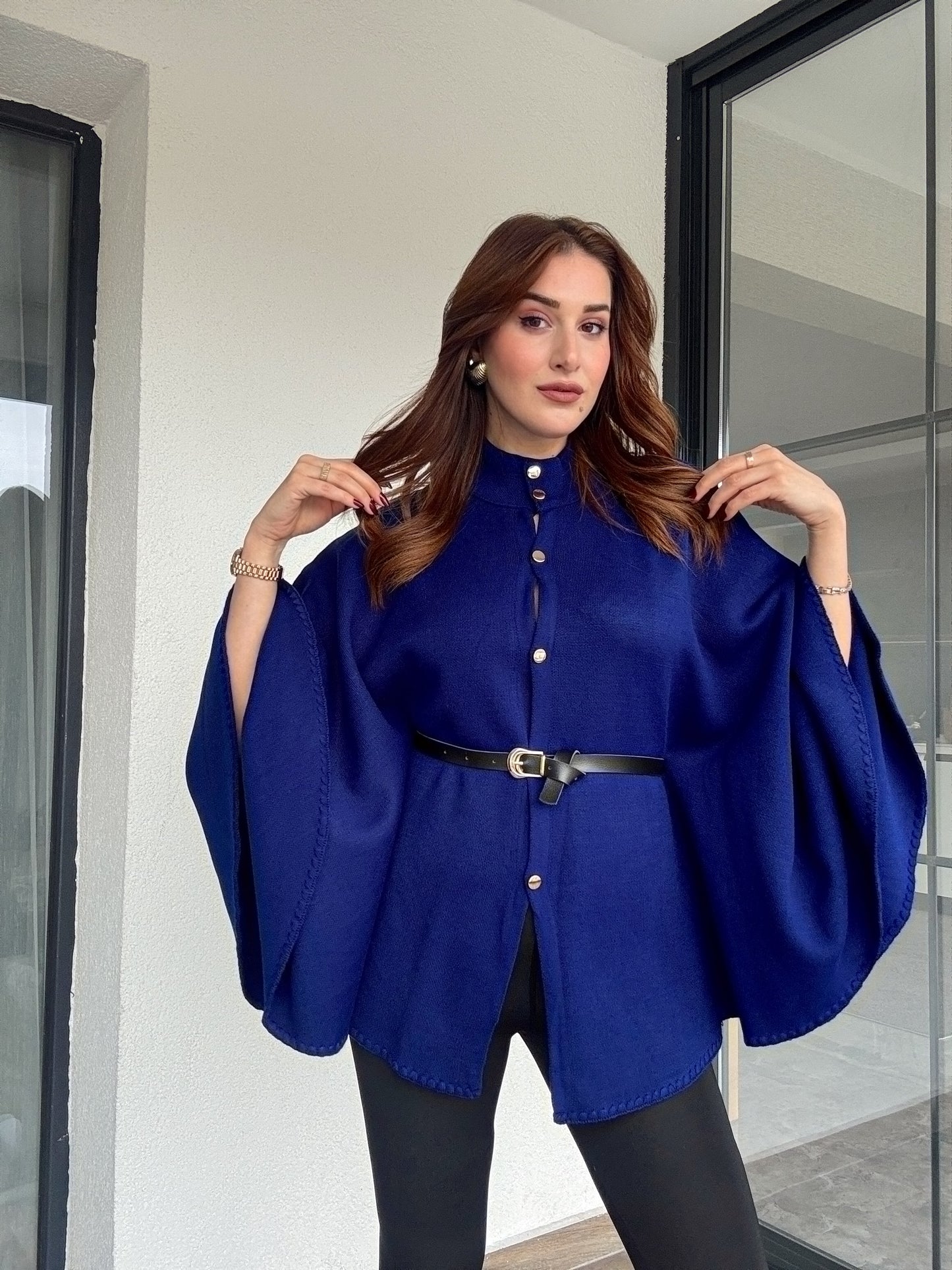 Kemerli düğmeli panço-Saks mavi