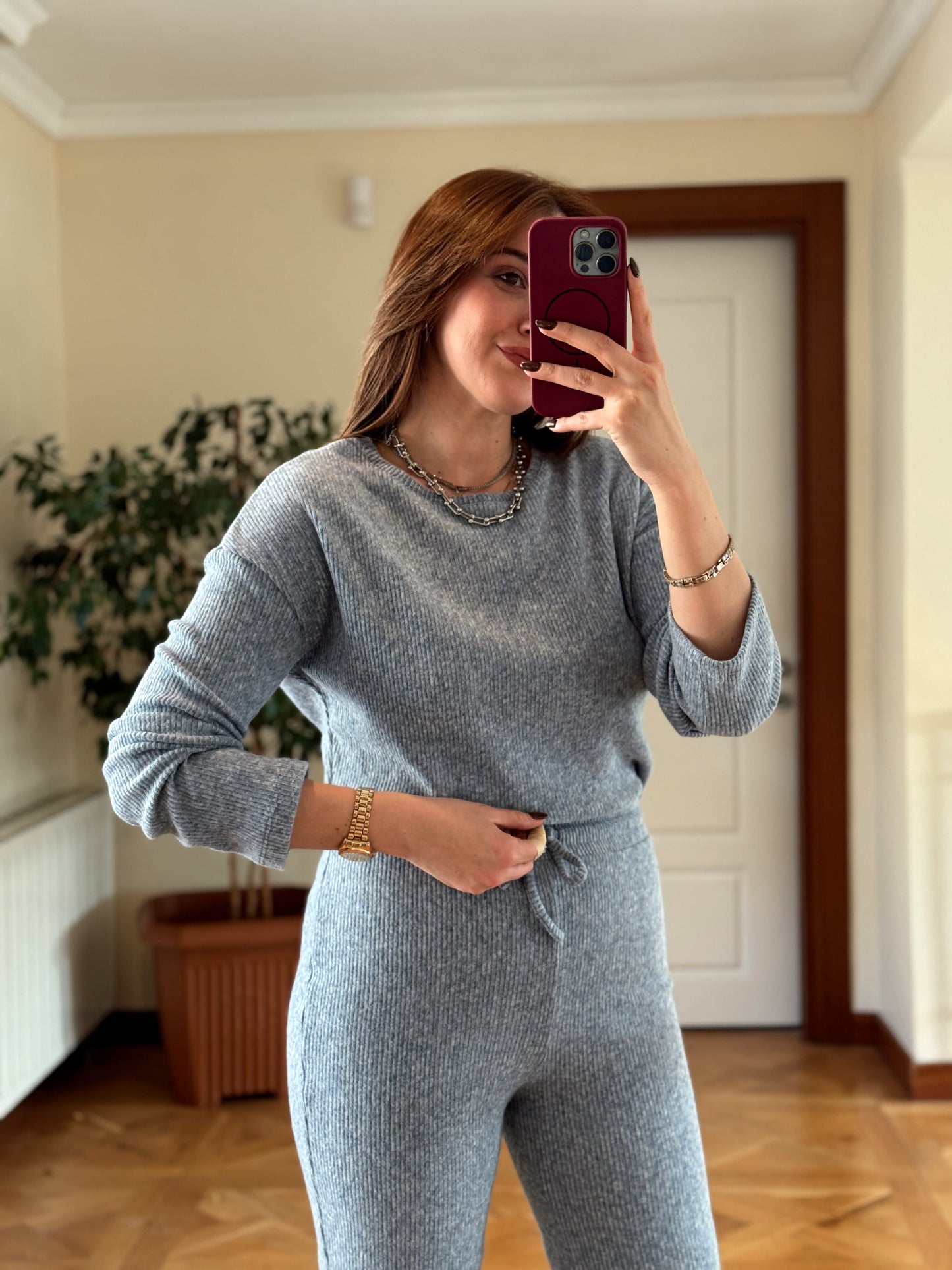 Fitilli bisiklet yaka crop bol paça pantolon takım-MAVİ