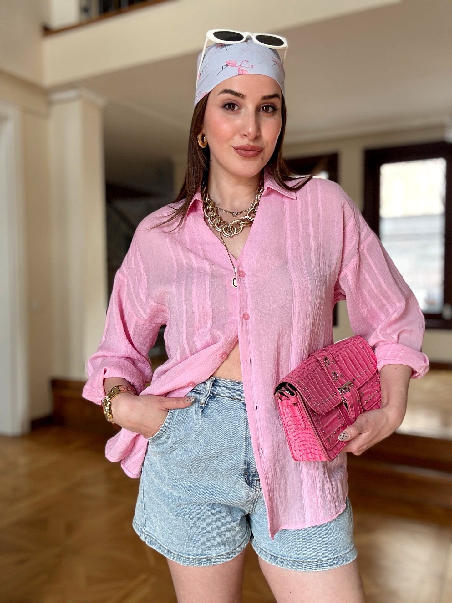 Kalın biye oversize gömlek Pembe