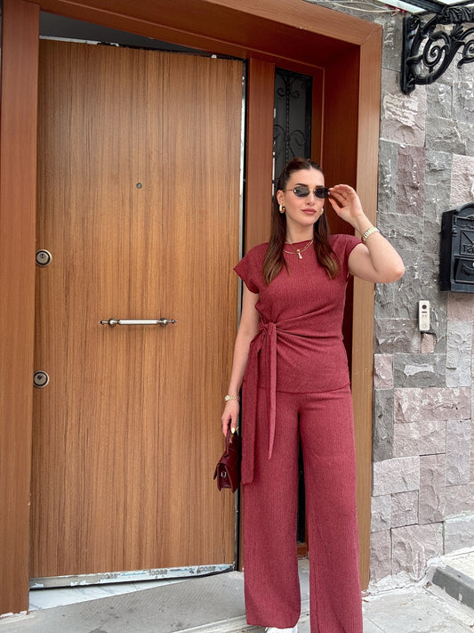 Bağlama detaylı bluz pantolon ikili takım BORDO