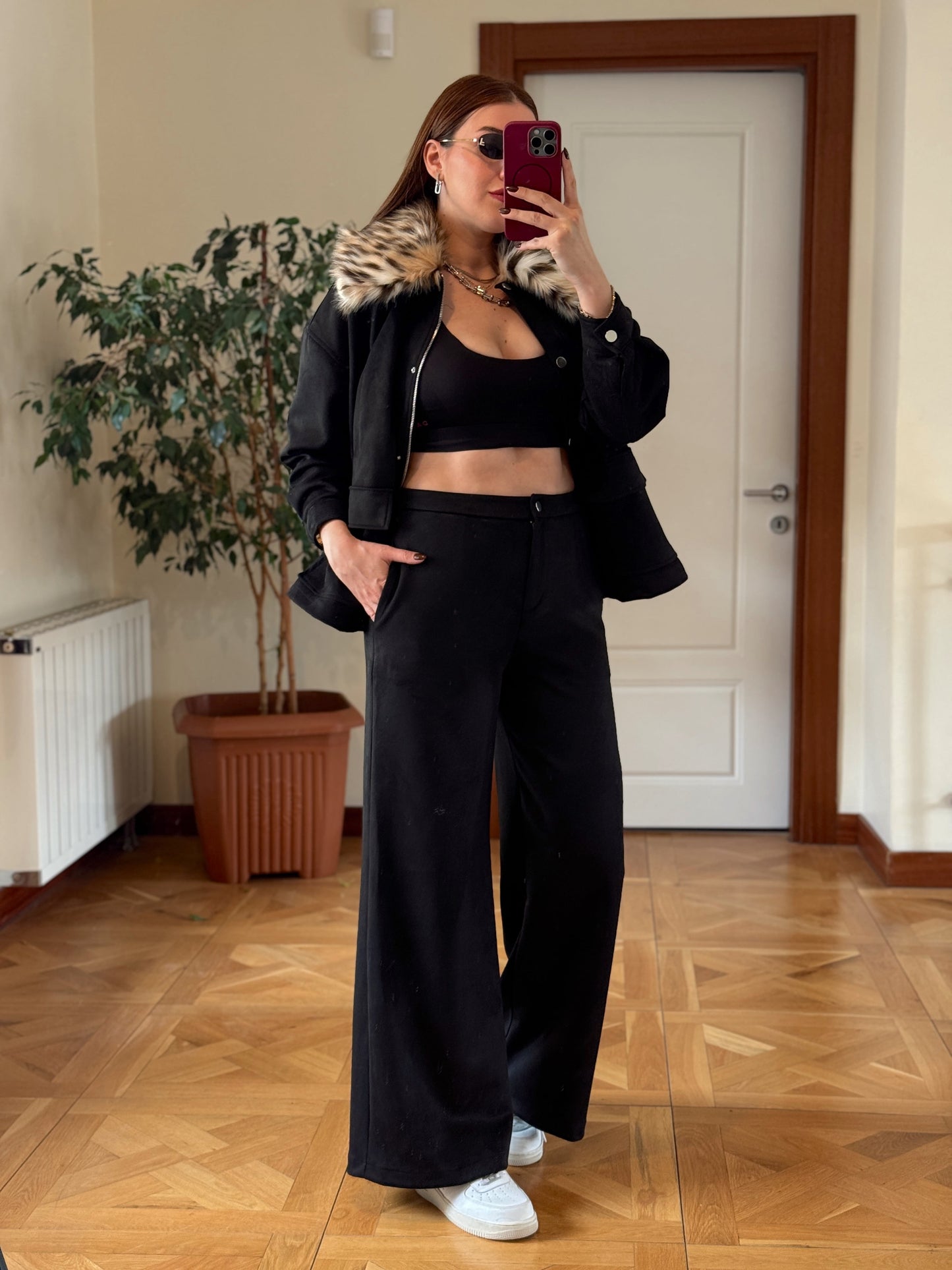 LEOPAR yaka süet ikili takım SİYAH