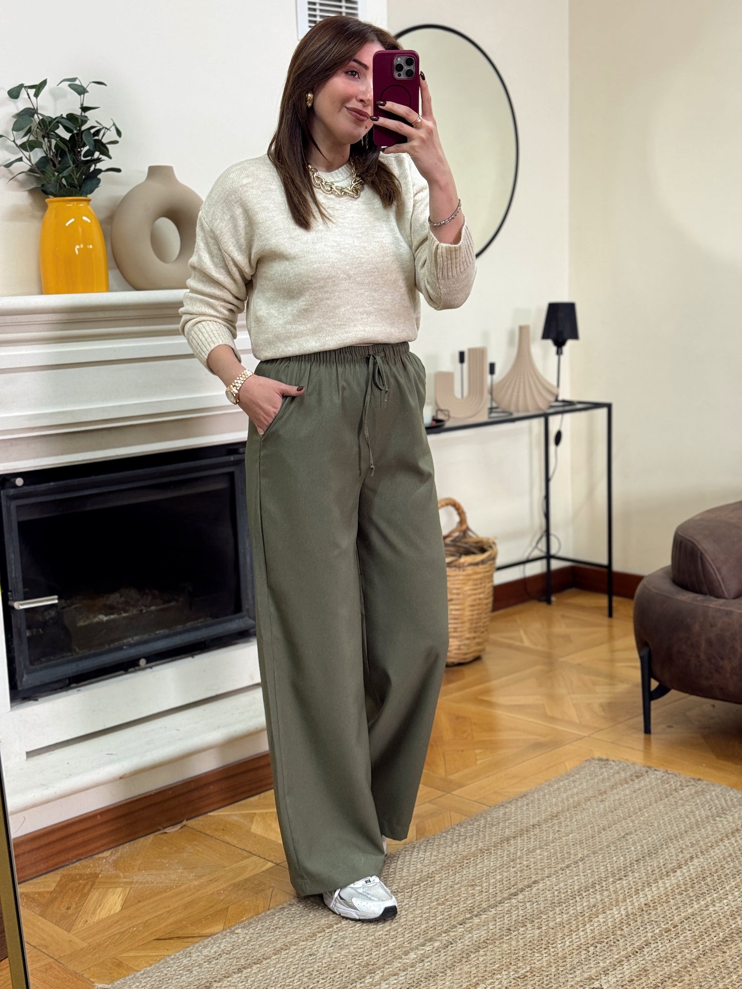 Bağcıklı palazzo pantolon-HAKİ