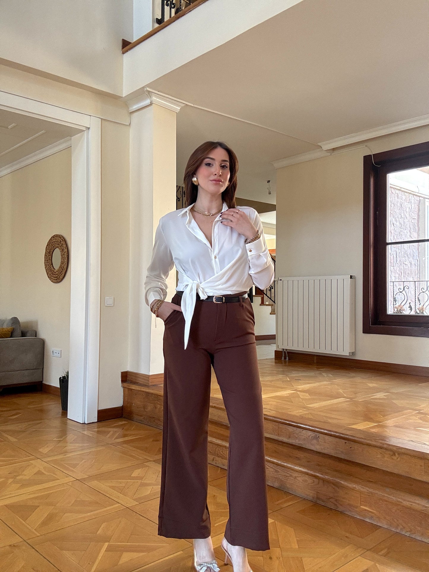 Kemerli premium kumaş pantolon Kahve