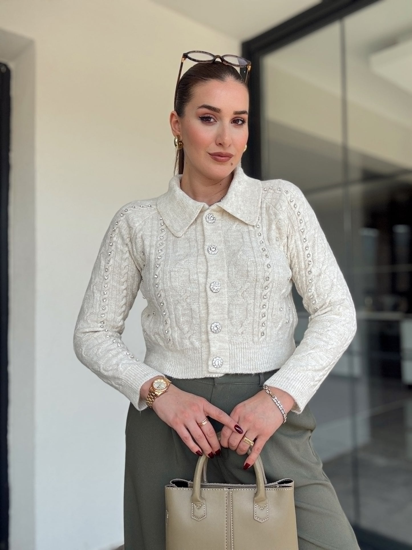 Örgü taşlı ceket-LATTE