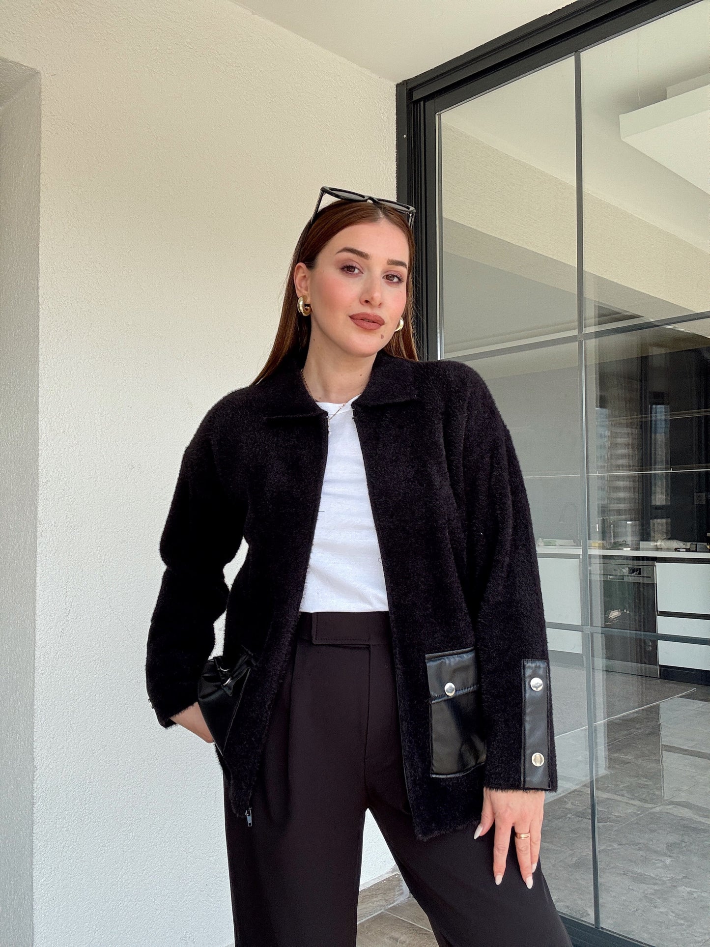 Liliyana deri cepli fermuarlı hırka-SİYAH