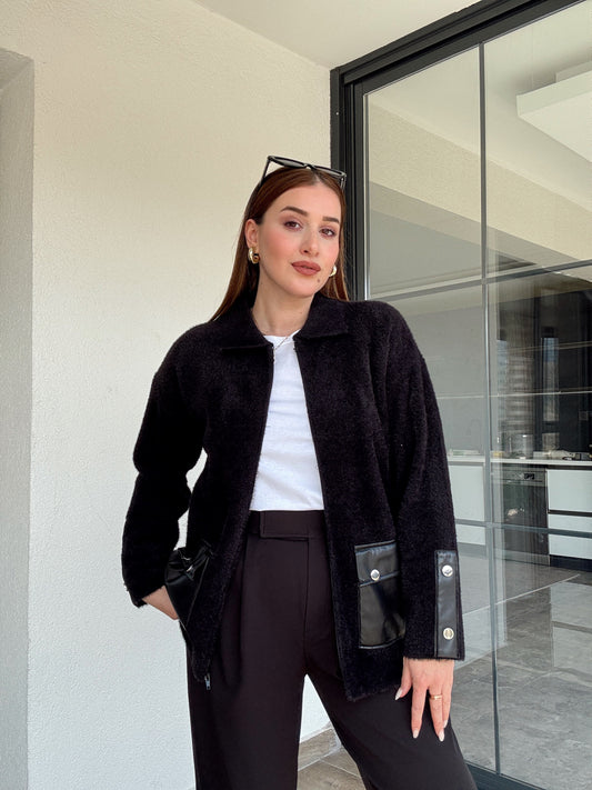 Liliyana deri cepli fermuarlı hırka-SİYAH