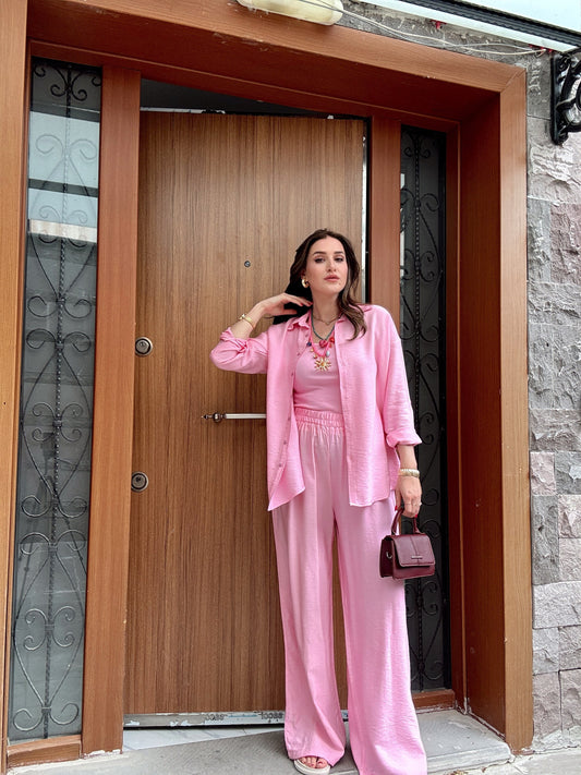 3 Parça  Keten Takım Pembe