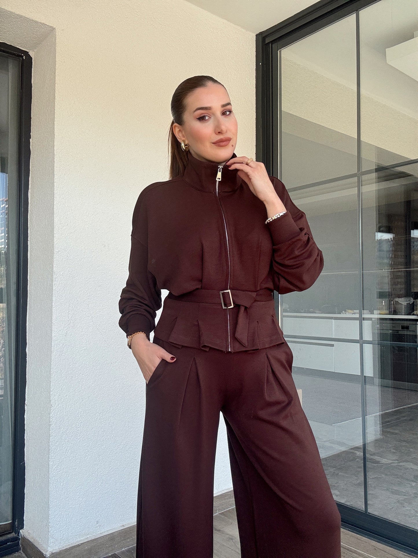 Modal kumaş dik yaka etek pileli ceket pantolon takım-KAHVERENGİ