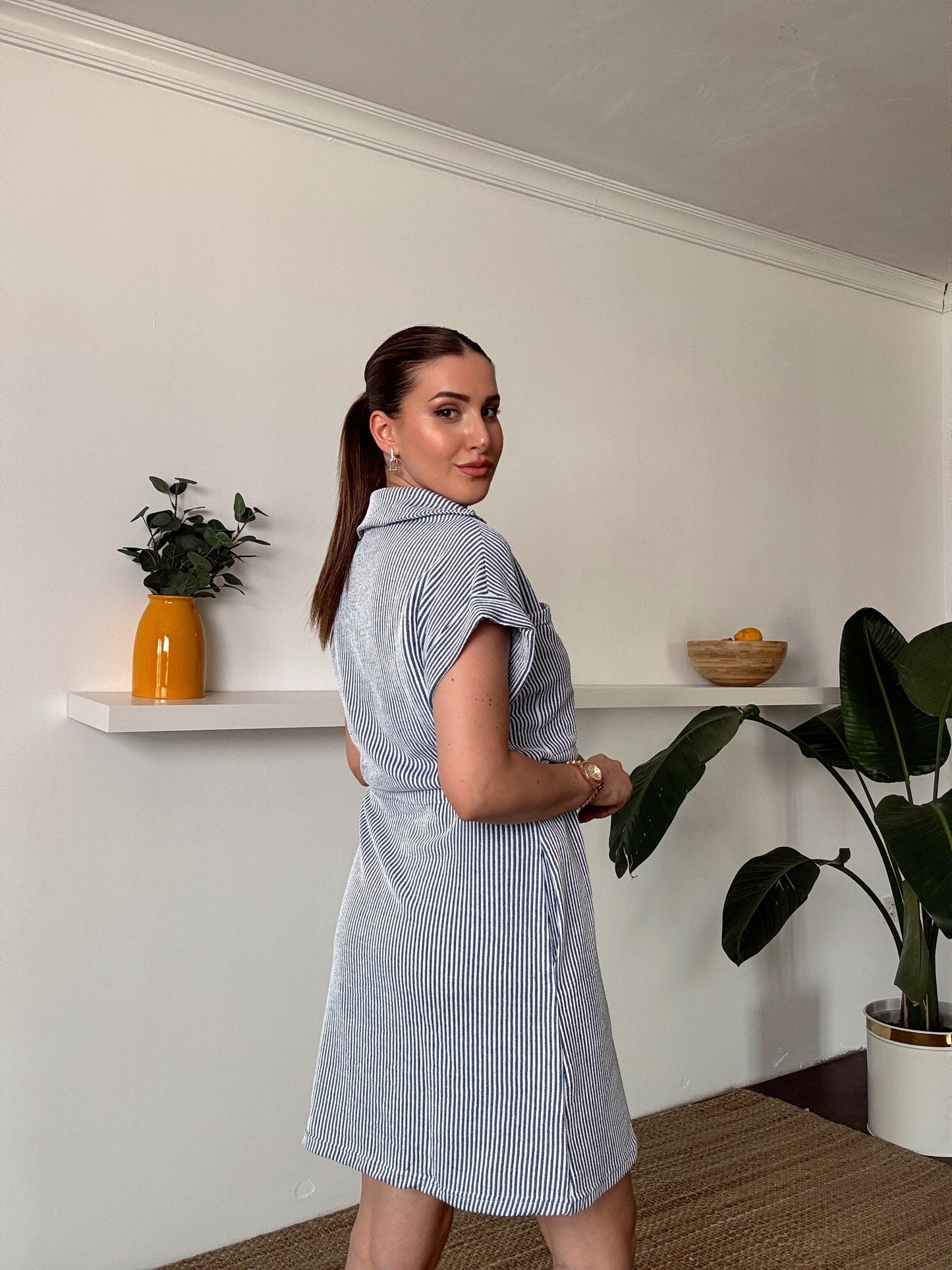Çizgili Polo Yaka Bağlamalı elbise Lacivert