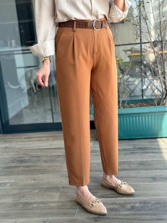 Kemerli Dar Paça Pantolon - TABA