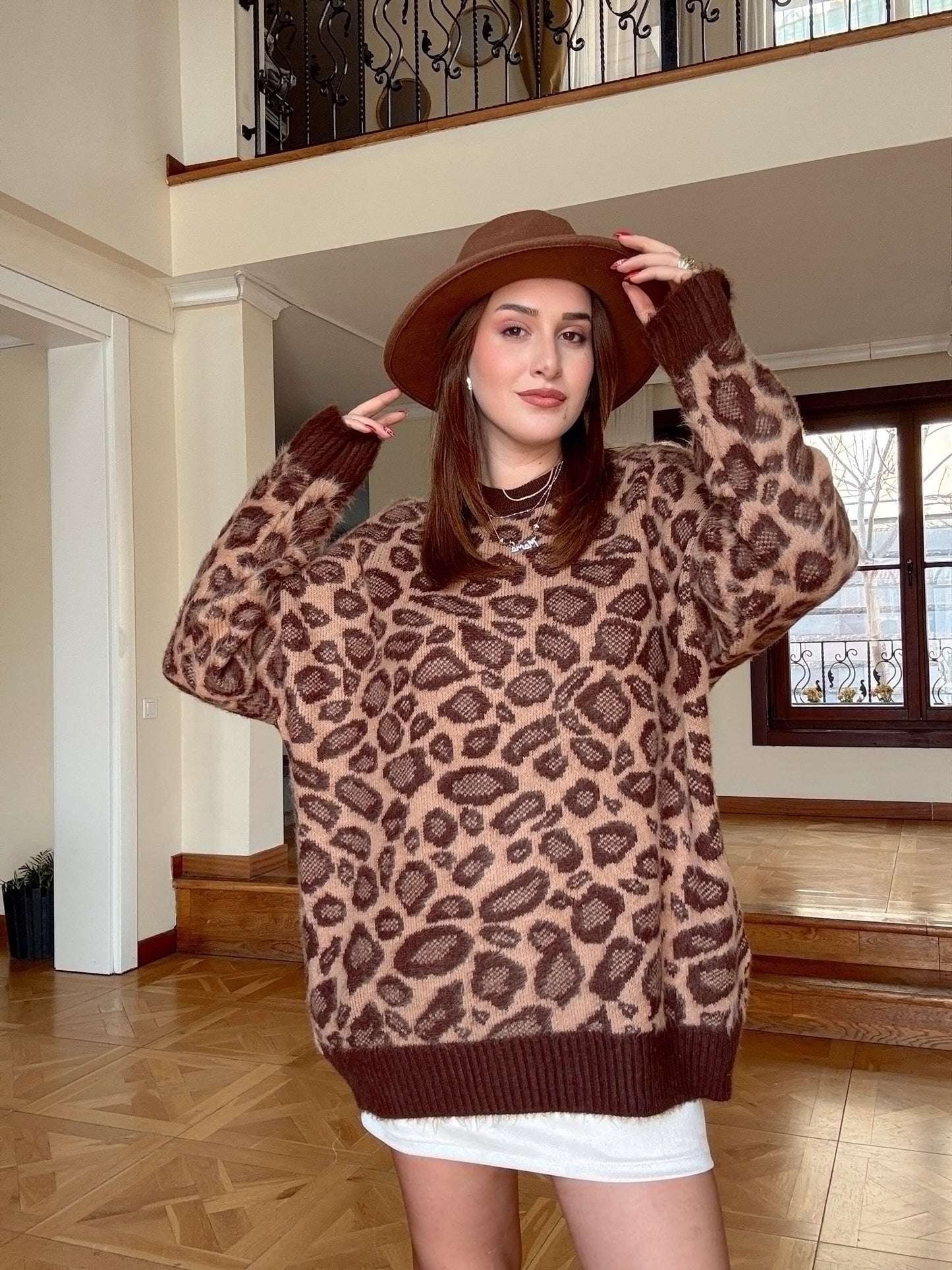 Leopar desen salaş kazak-KAHVERENGİ