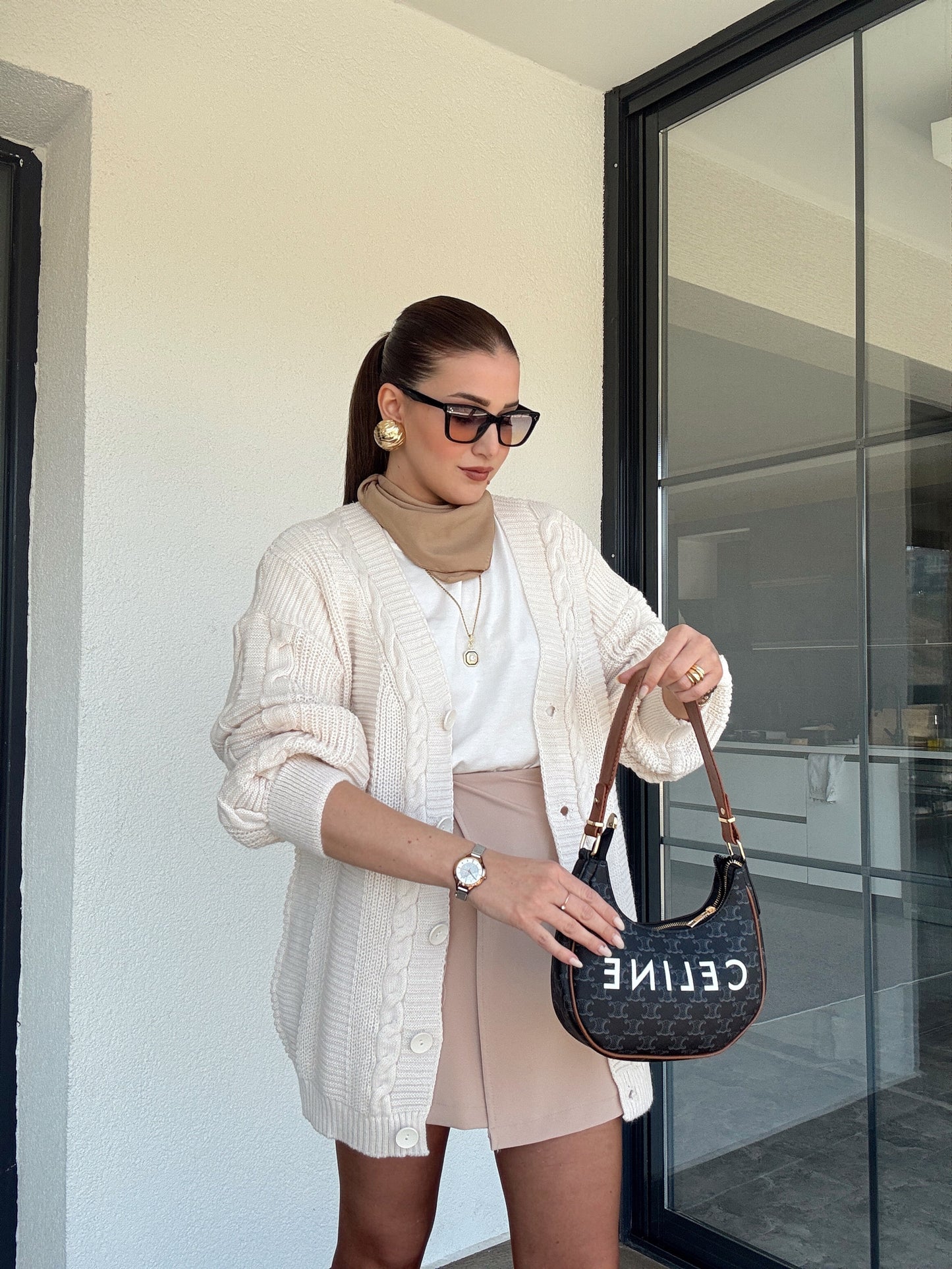 5 Düğmeli Saç Örgü Biyeli Hırka LATTE