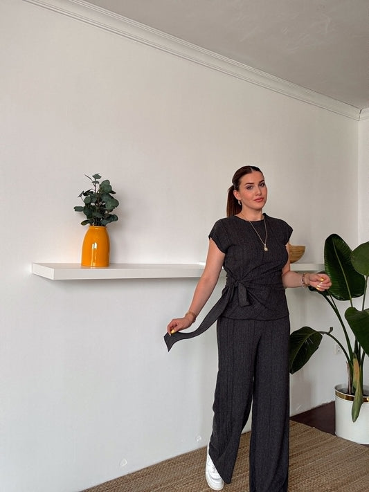 Bağlama detaylı bluz pantolon ikili takım FÜME