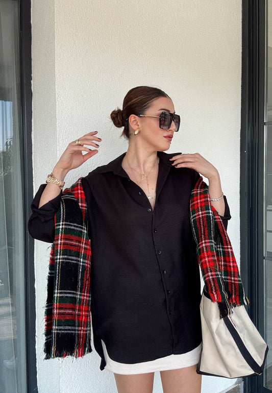 Arka Çift Pens Oversize Keten Gömlek SİYAH