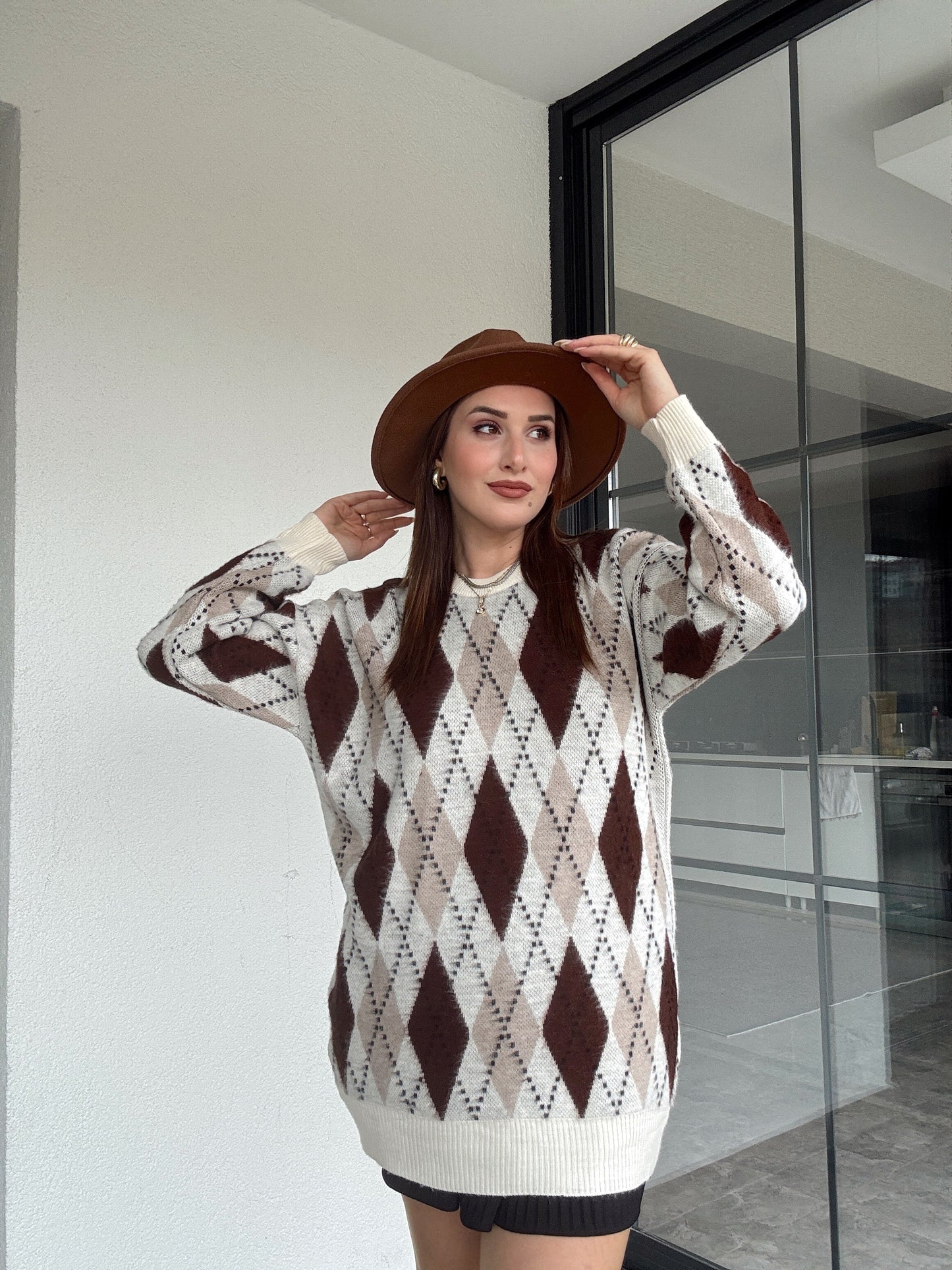 Tunik boy oversize baklava desenli kazak-BEJ