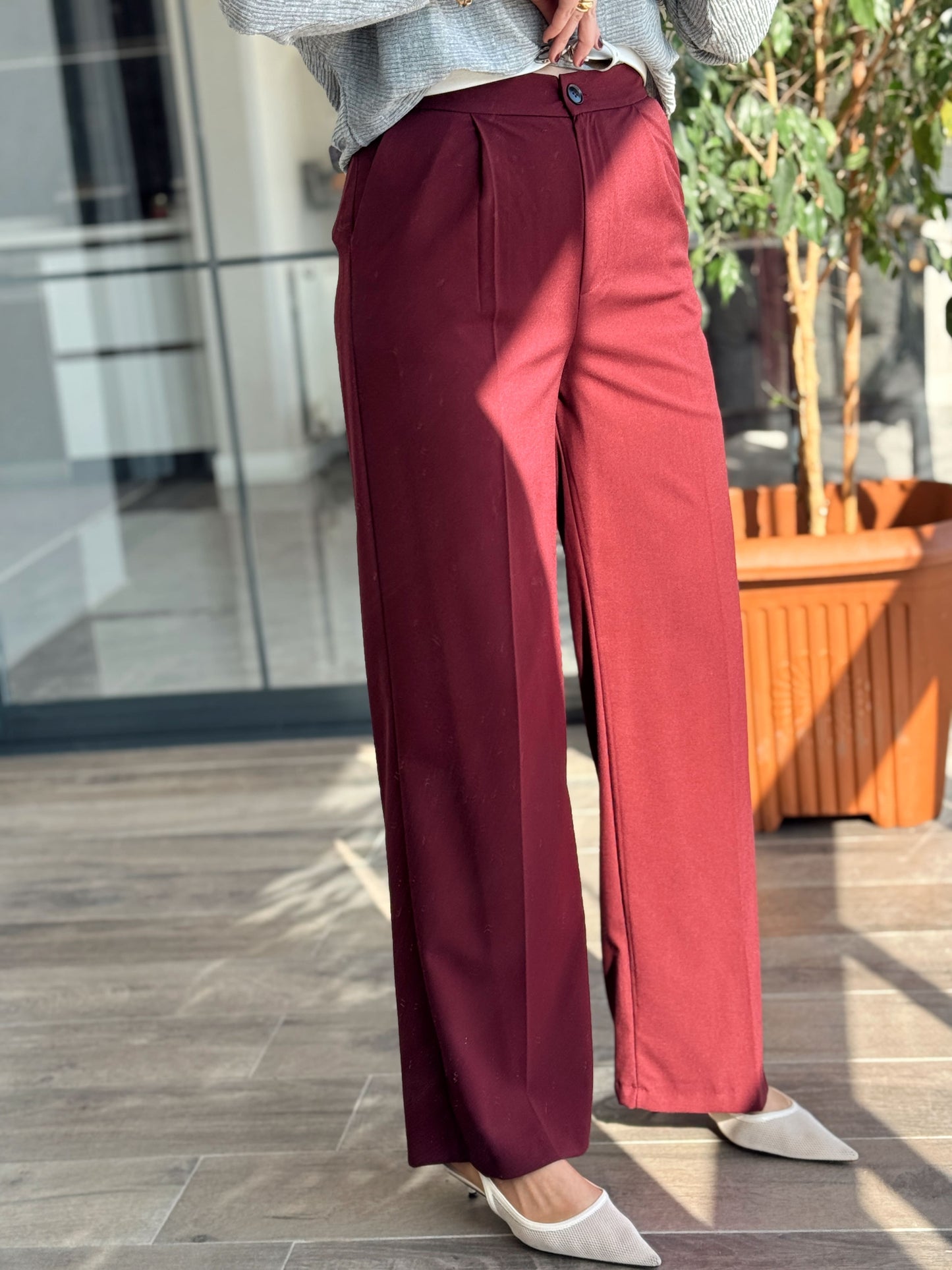 Toledo Beli Lastikli Bol Paça Pantolon - BORDO