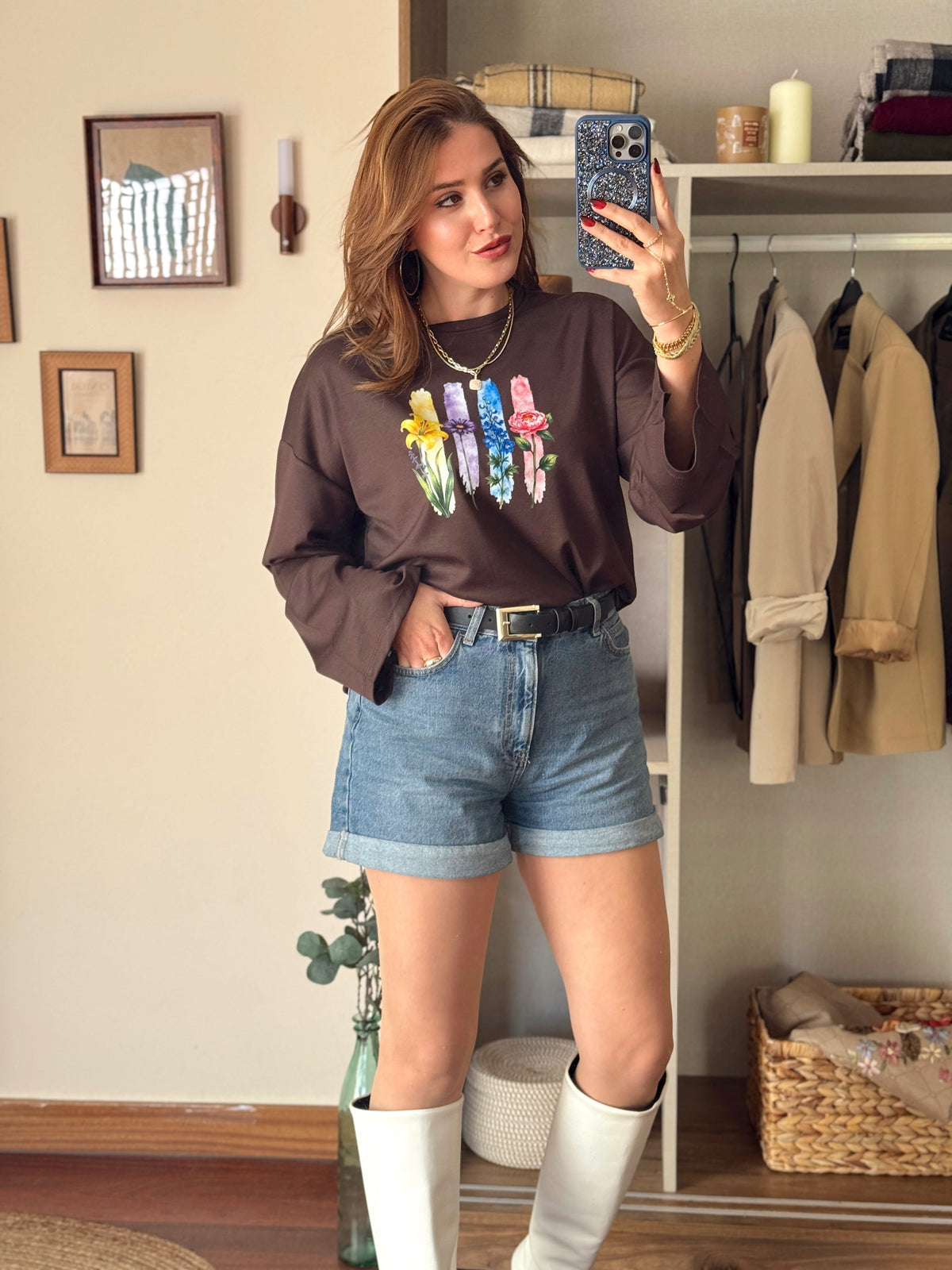 Çiçek desenli modal sweat Kahve