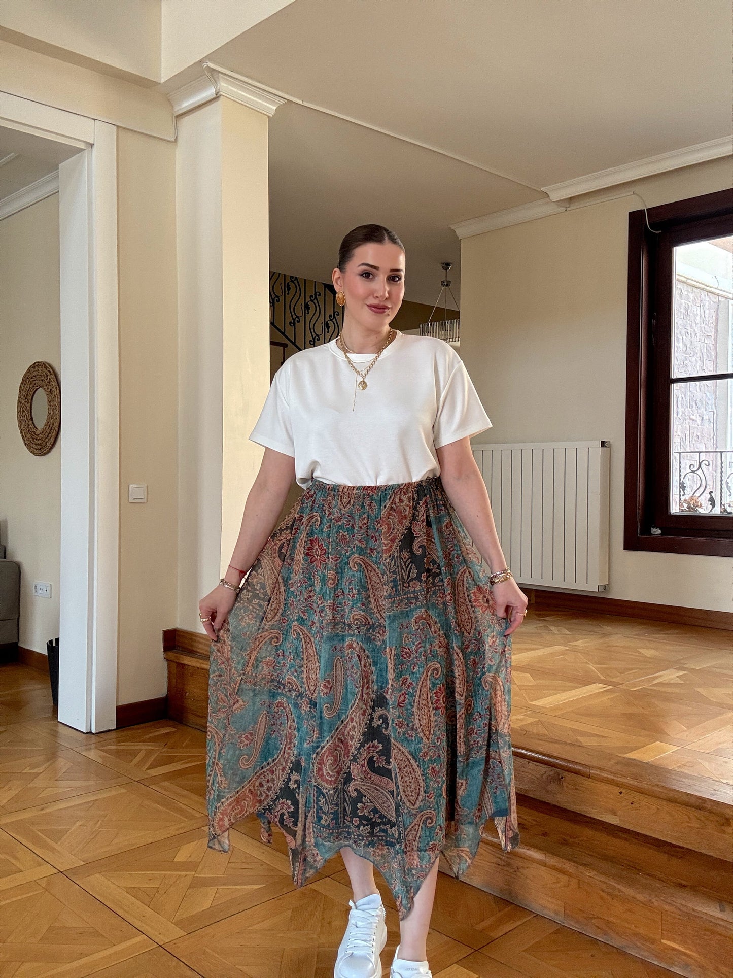 Asimetrik kesim vintage desenli şifon etek YEŞİL