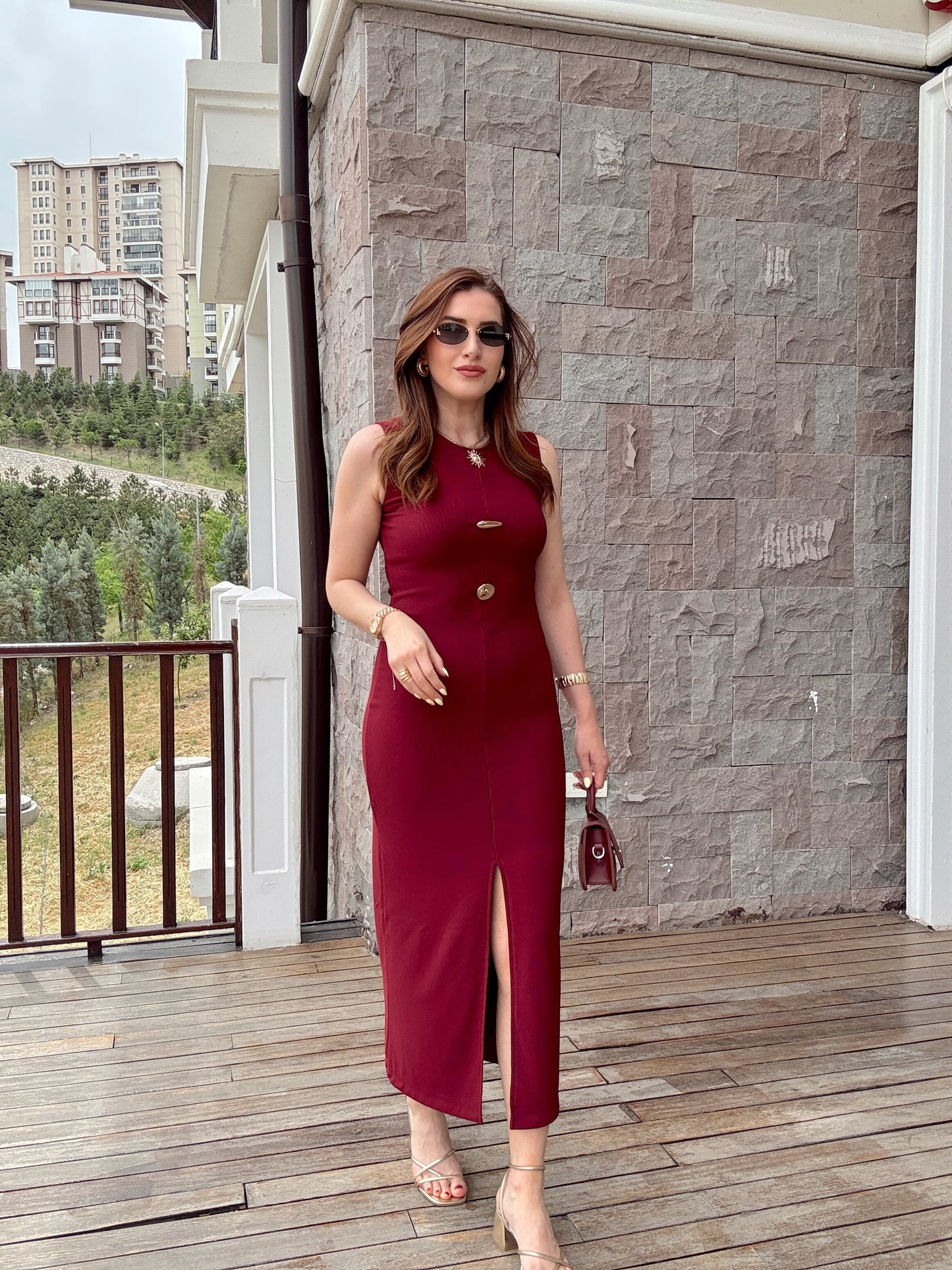Ottoman sıfır kol düğmeli elbise BORDO