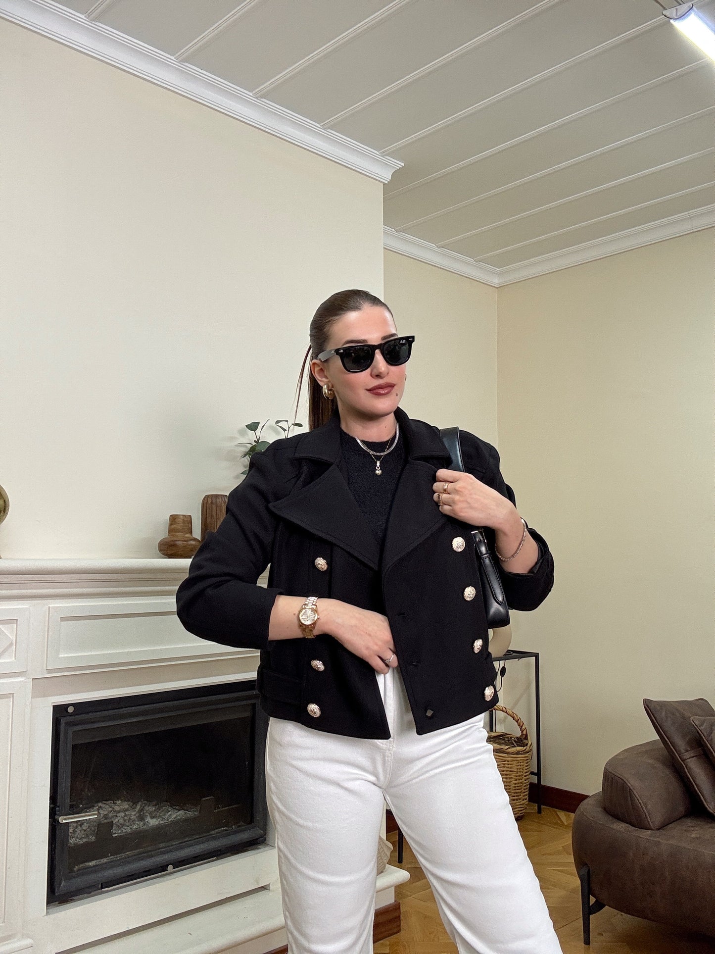 Gold düğme detay kaşe ceket-SİYAH