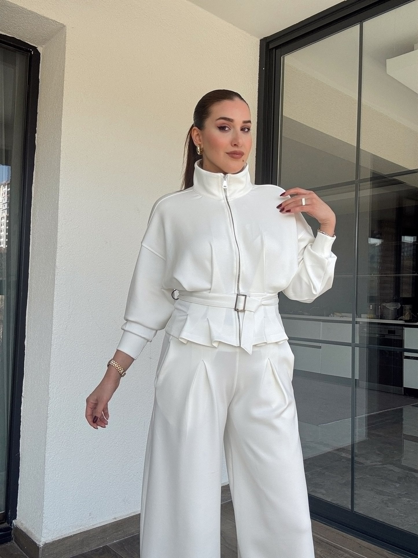 Modal kumaş dik yaka etek pileli ceket pantolon takım-BEYAZ