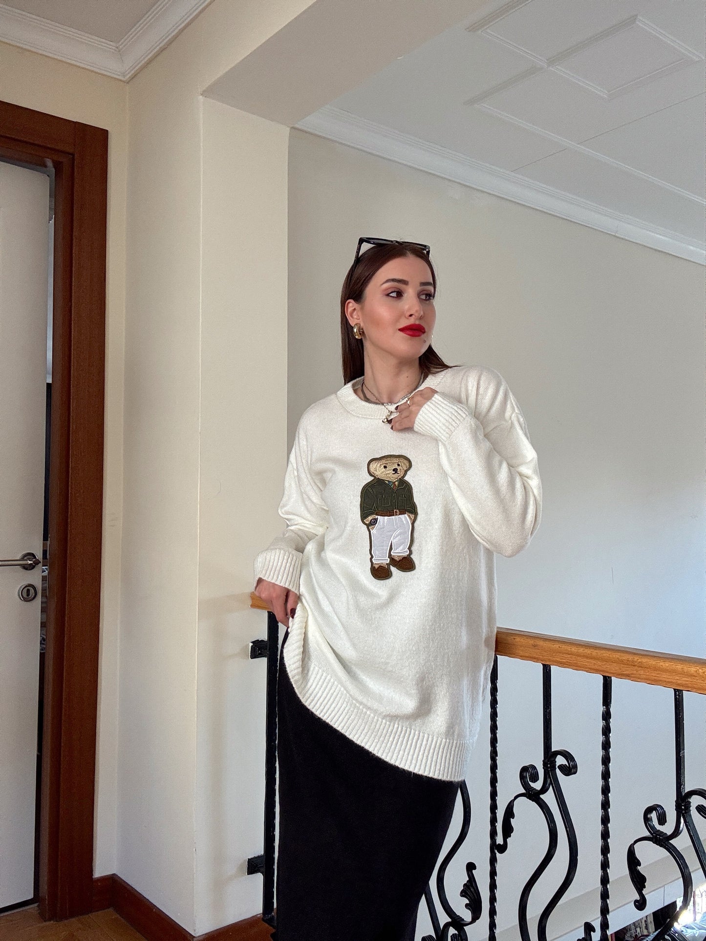 Ayıcık İşleme Yumoş Triko Kazak - EKRU-YEŞİL