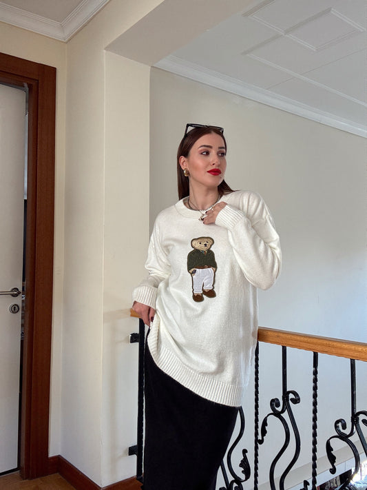 Ayıcık İşleme Yumoş Triko Kazak - EKRU-YEŞİL