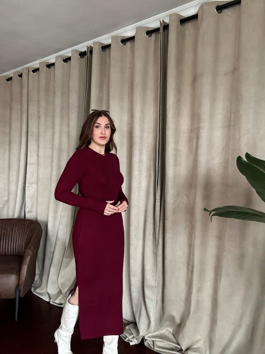 Bisiklet Yaka Yırtmaçlı Elbise - BORDO