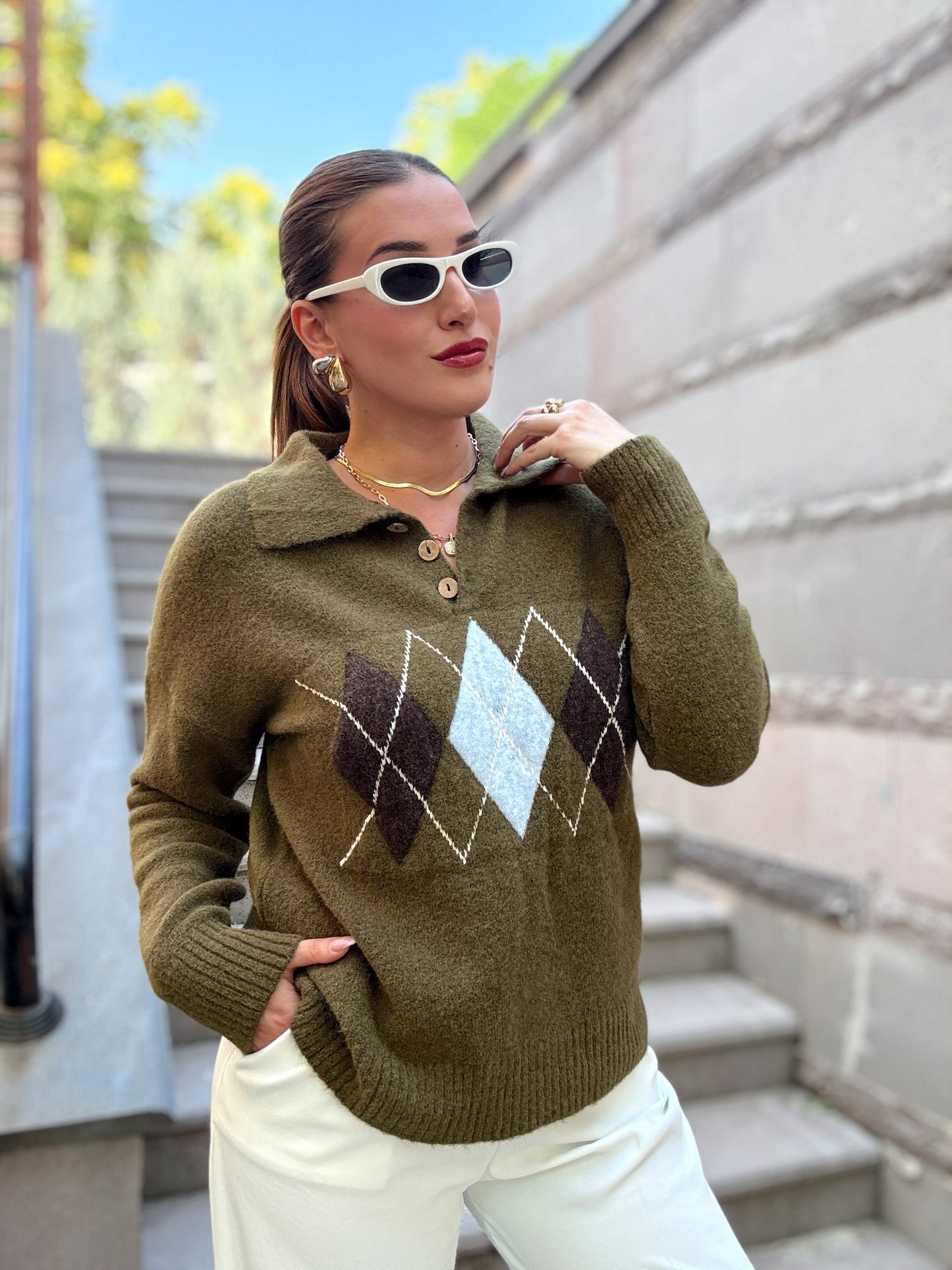Baklava Desenli Premium Polo yaka kazak Yeşil