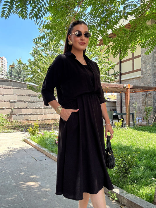 Gömlekli keten elbise Siyah