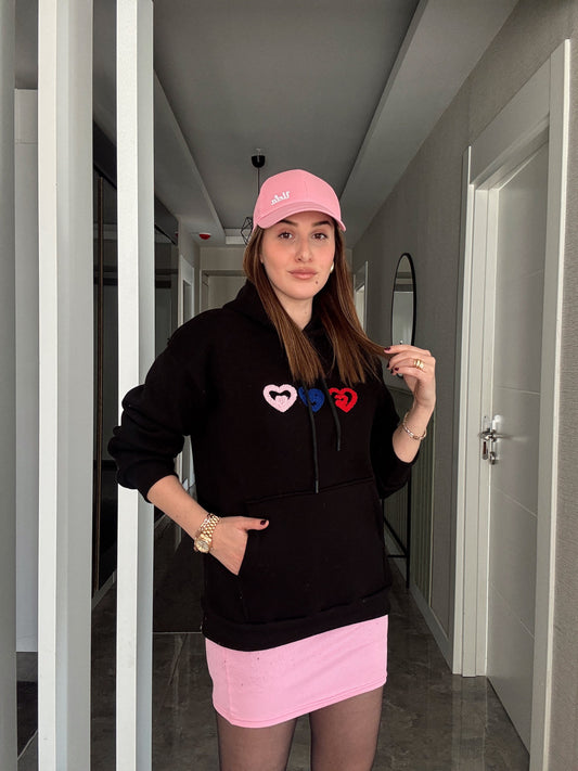 Kalp İşleme Kapüşonlu 3 İplik Sweatshirt - SİYAH